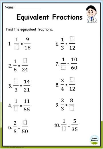 5th grade math worksheets equivalent fractions